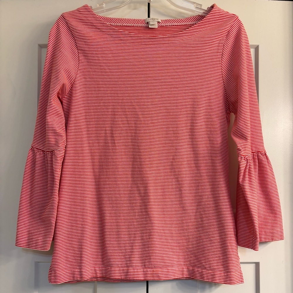 J.Crew Red White Striped Bell Sleeve Top Women’s Size S Boat Neck Long Sleeve
